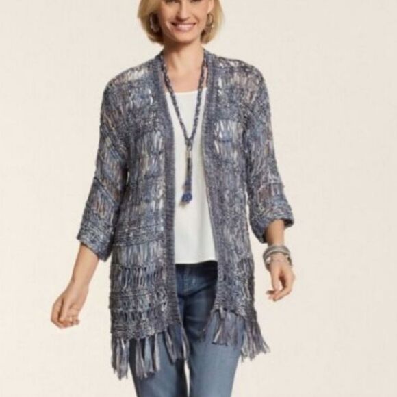Chico's size 0 blue crochet net open front cardigan with tassels - Picture 8 of 9